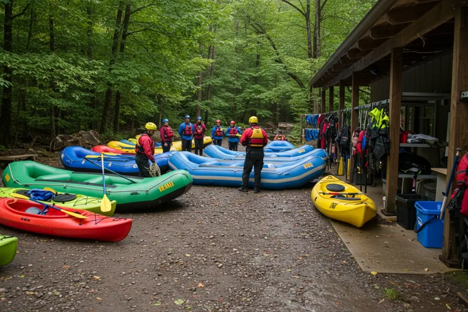 Professional rafting outfitter in the Smoky Mountains, with guides preparing rafts and providing safety instructions to groups. 