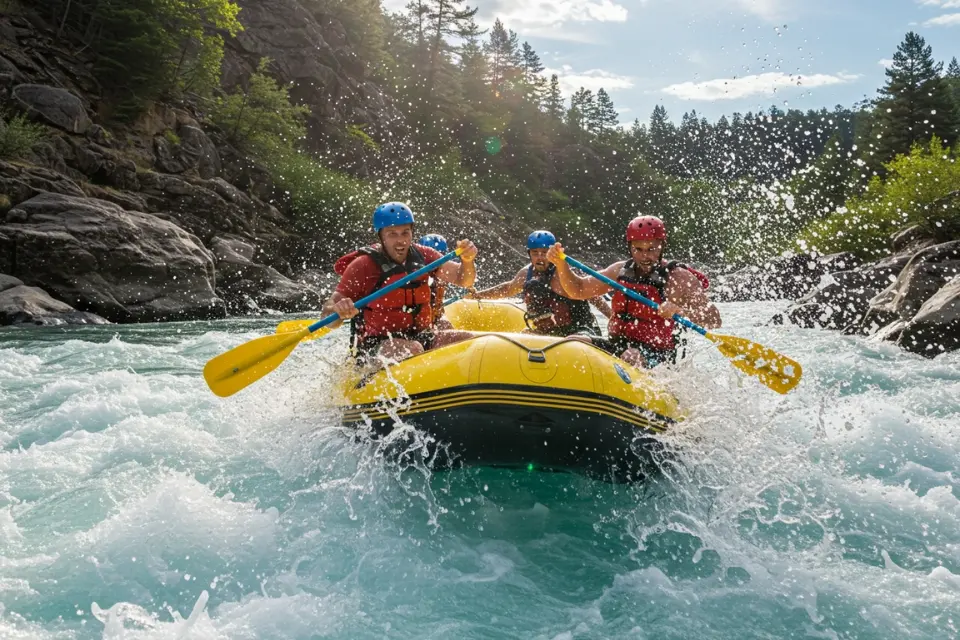 Experienced rafters tackling intense rapids on Clear Creek, demonstrating teamwork and advanced rafting skills.