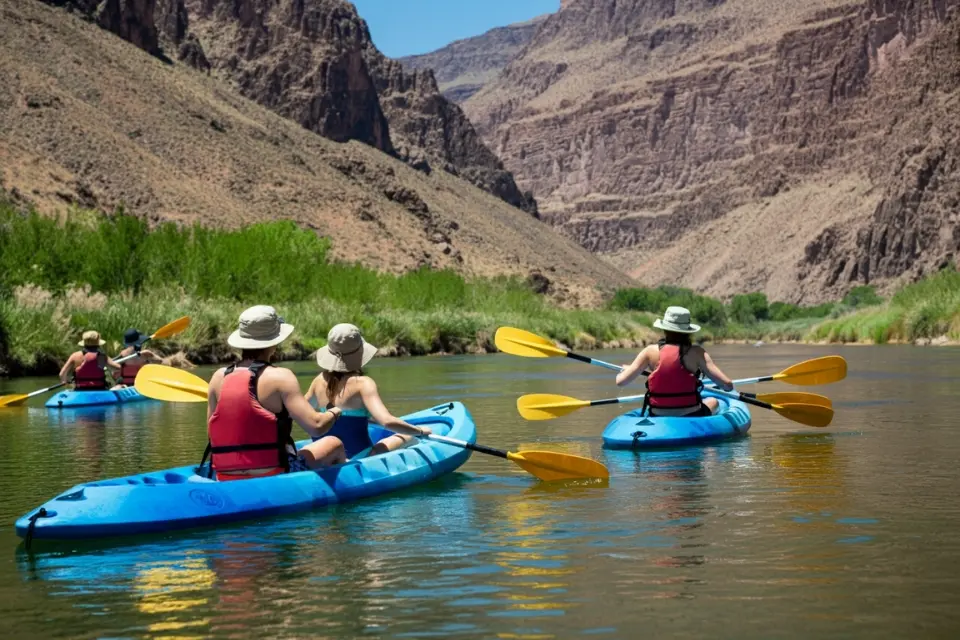 A family paddling calmly on the Colorado River, enjoying a safe and fun rafting adventure. 