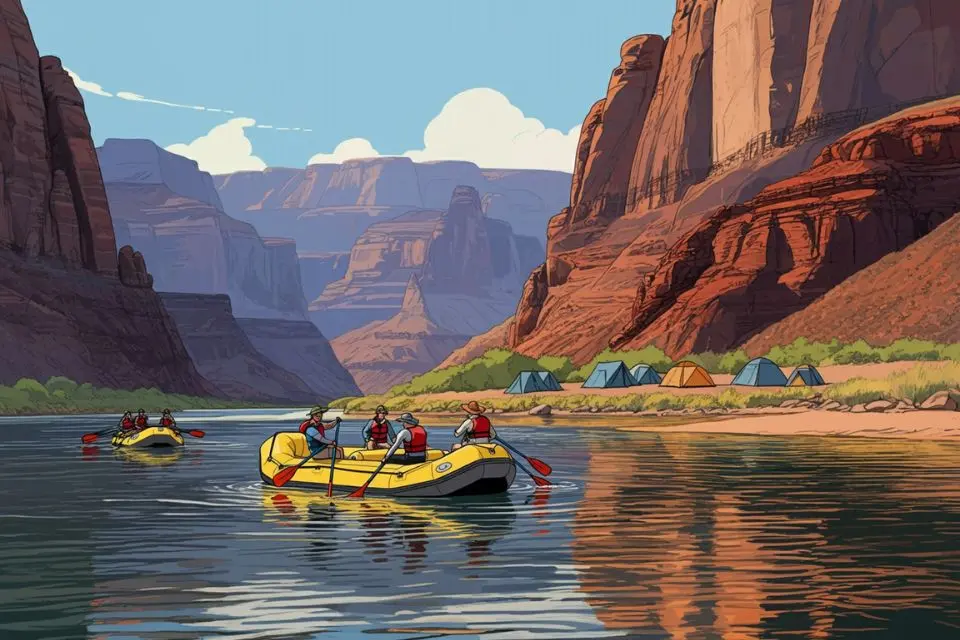 A group on a multi-day rafting expedition in the Grand Canyon with riverside camping under the stars. 