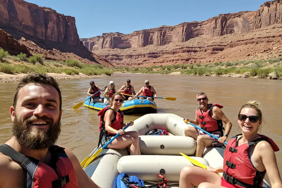 Group enjoying a half-day rafting trip on the Colorado River near Moab, Utah.