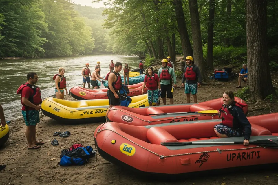 Ocoee River rafting outfitter base camp with guides and participants preparing for adventure