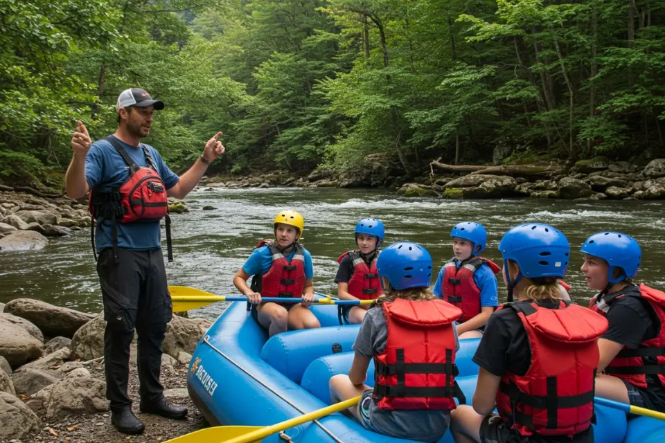 Guide explaining safety tips and paddling techniques to rafters in the Smoky Mountains. 