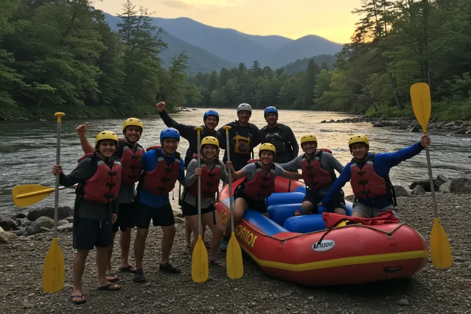 Group of friends celebrating after rafting in the Smoky Mountains, with scenic mountain views at sunset in the background. 