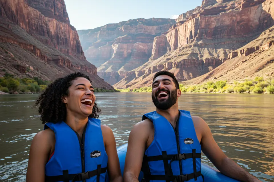 Family enjoying a rafting trip on the Colorado River in the Grand Canyon