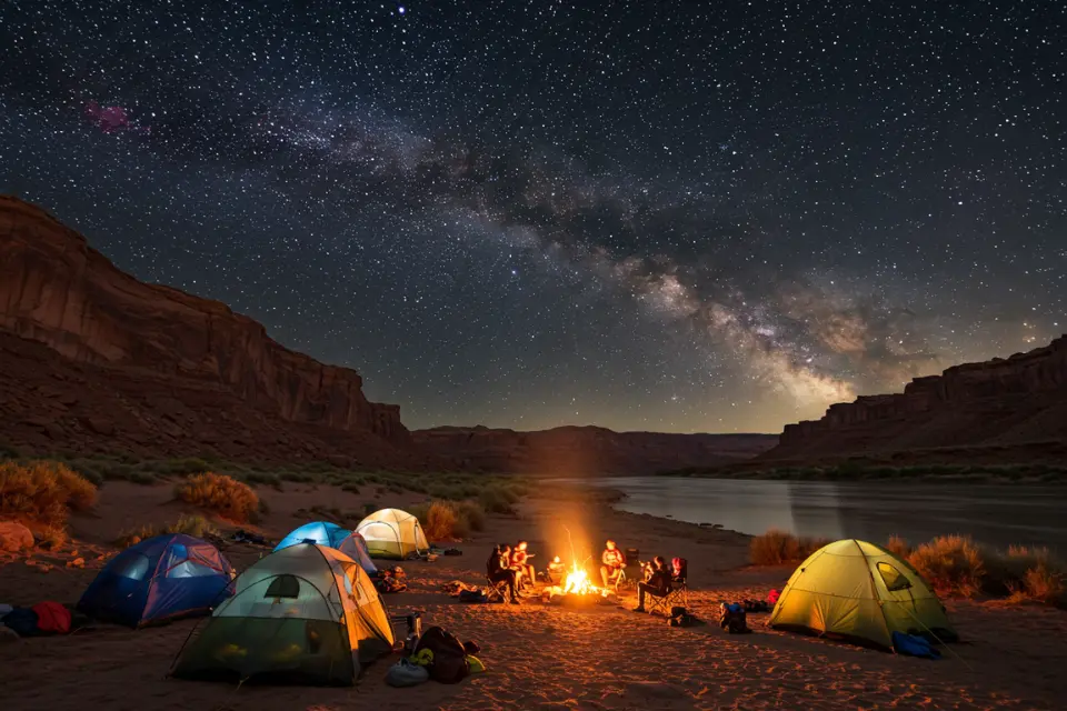 Campsite along the Colorado River during a multi-day rafting expedition near Moab, Utah.