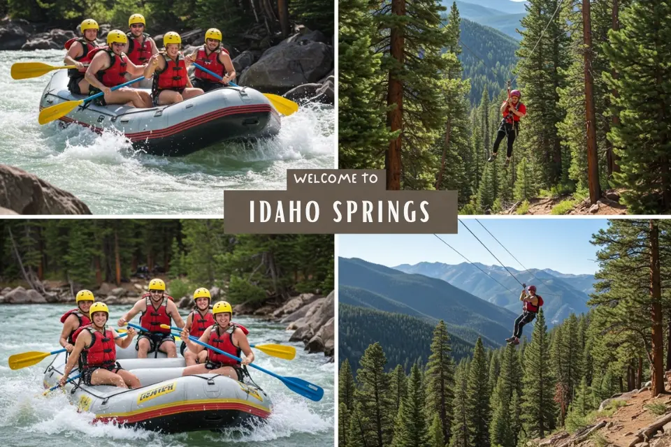 Combined outdoor adventures in Idaho Springs featuring rafting on Clear Creek, ziplining through trees, and hiking scenic trails.