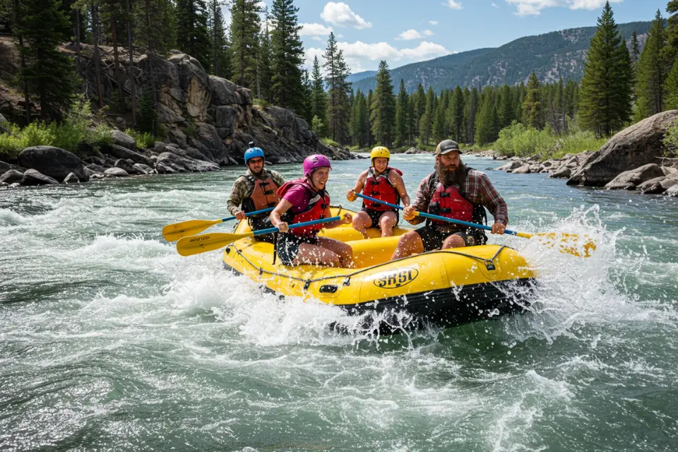 Rafters tackling Class III rapids on Gallatin River near Yellowstone