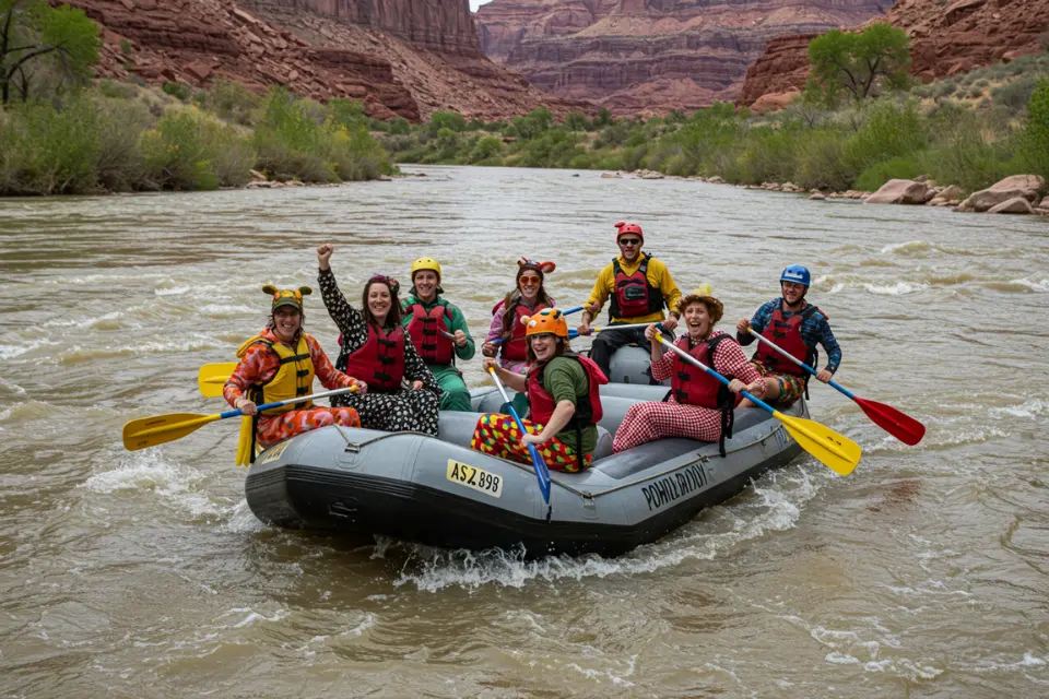 Participants enjoying a specialty themed rafting trip on the Colorado River in Moab, Utah.