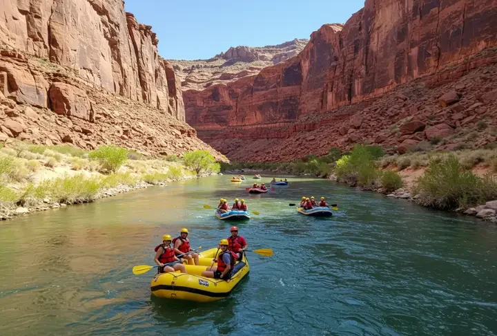 Panoramic Utah rafting scene with red rock canyons, blue water, and adventurers paddling.