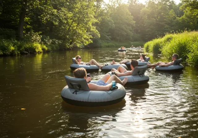 Group of adults enjoying a relaxing river float on stylish tubes with cup holders, surrounded by lush greenery and clear blue skies.