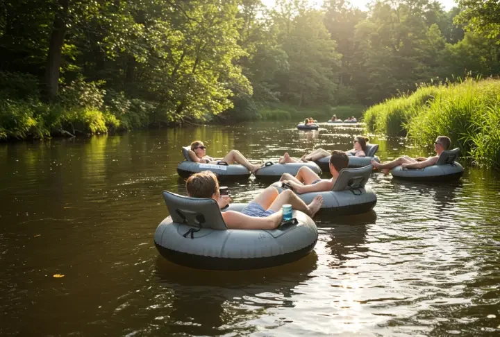 Group of adults enjoying a relaxing river float on stylish tubes with cup holders, surrounded by lush greenery and clear blue skies.