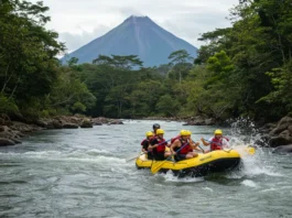 Rafters navigating rapids on the Balsa River with Arenal Volcano in the background.