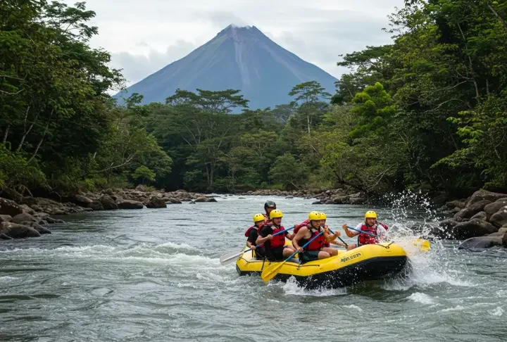 Rafters navigating rapids on the Balsa River with Arenal Volcano in the background.