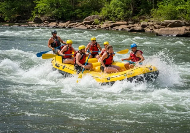 Group of adventurers whitewater rafting on the Chattahoochee River in Columbus, GA, with the city skyline in the background.