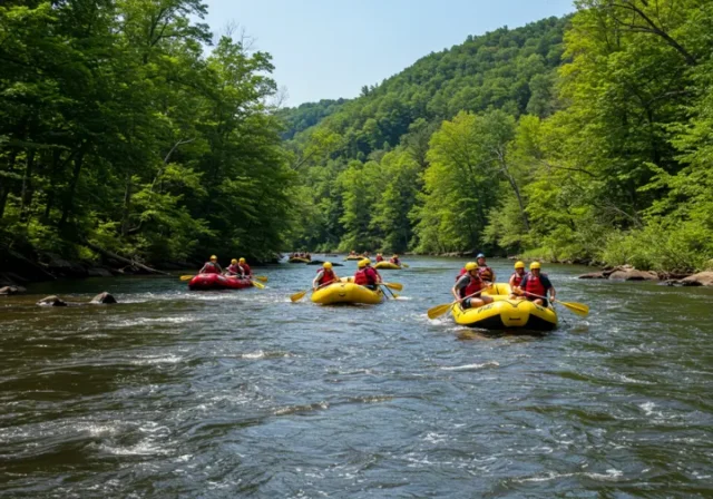 Rafters navigating gentle rapids on the Delaware River with lush forests in the background.