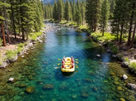 Aerial view of a rafting team on the Truckee River near Lake Tahoe, surrounded by mountains and pine forests.