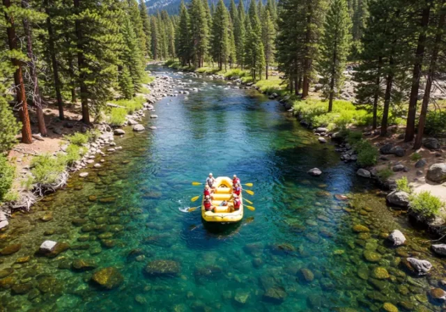 Aerial view of a rafting team on the Truckee River near Lake Tahoe, surrounded by mountains and pine forests.