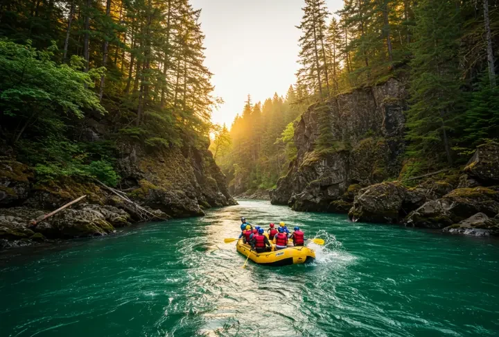 Rafting team navigating the emerald waters of the Rogue River, surrounded by lush forests and rugged canyon walls.