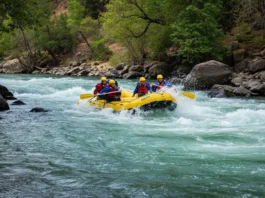 Rafters navigating whitewater rapids on the American River with California scenery in the background.