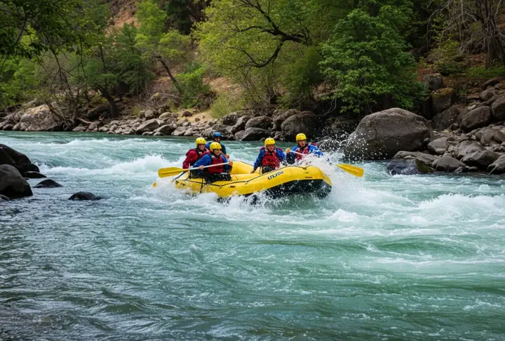 Rafters navigating whitewater rapids on the American River with California scenery in the background.