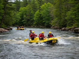 Rafters navigating rapids on the Wolf River with Wisconsin forests in the background.