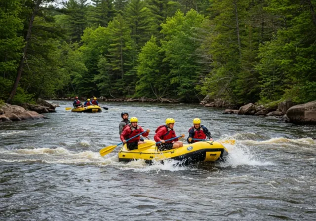 Rafters navigating rapids on the Wolf River with Wisconsin forests in the background.