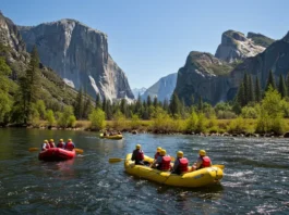 Rafters floating on the Merced River with Half Dome and Yosemite Falls in the background.