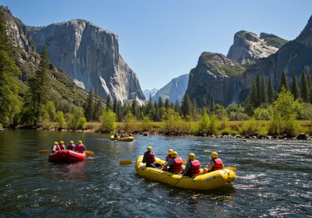 Rafters floating on the Merced River with Half Dome and Yosemite Falls in the background.