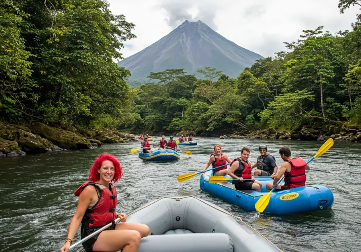 Family rafting on the Balsa River with Arenal Volcano and rainforest in the background.