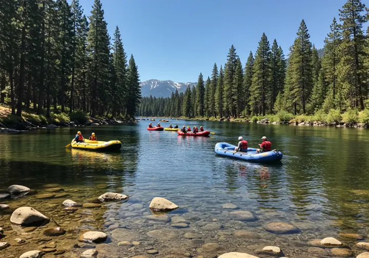 Group of rafters enjoying a calm section of the Truckee River near Lake Tahoe, with mountains and forests in the background.