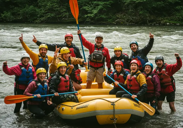 Group of rafters celebrating a successful trip on the Ocoee River