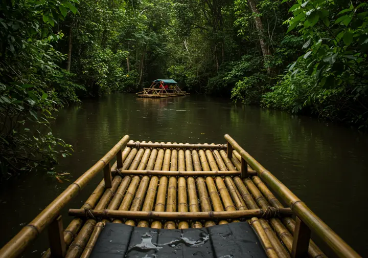 A handcrafted bamboo raft on the Martha Brae River, showcasing the hidden charms.