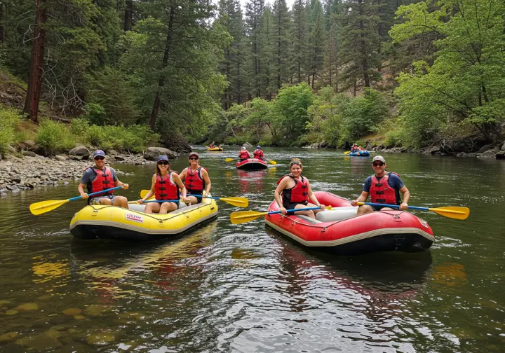 Family rafting on the South Fork of the American River with scenic forest views.