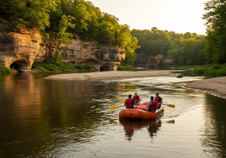 Family rafting on the Wisconsin River with scenic sandbars and bluffs.