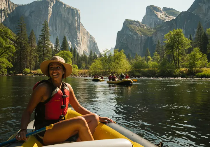 Family rafting on the Merced River with Yosemite's granite cliffs in the background.