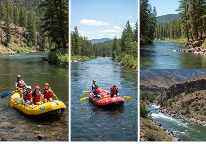 Collage of the Deschutes, Rogue, and Crooked Rivers showcasing rafting opportunities in Bend, Oregon.