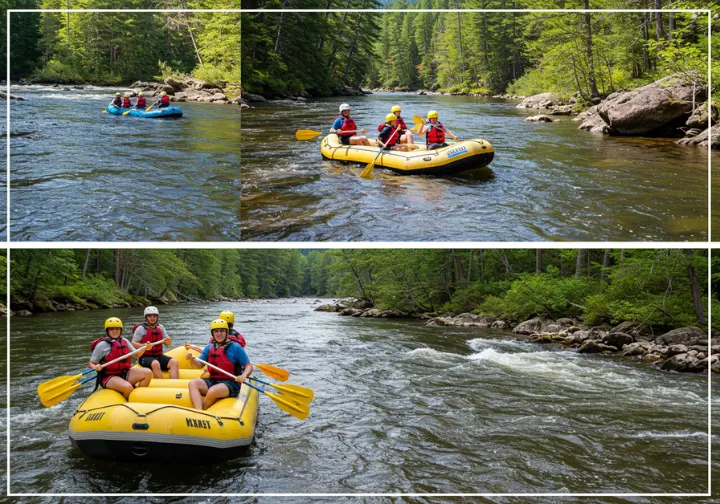 Split-image showing the calm Saco River, moderate Androscoggin River, and challenging Pemigewasset River in New Hampshire.