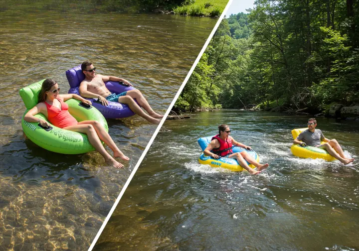 Split-image showing relaxing river floats and adventurous river tubing on heavy-duty tubes.