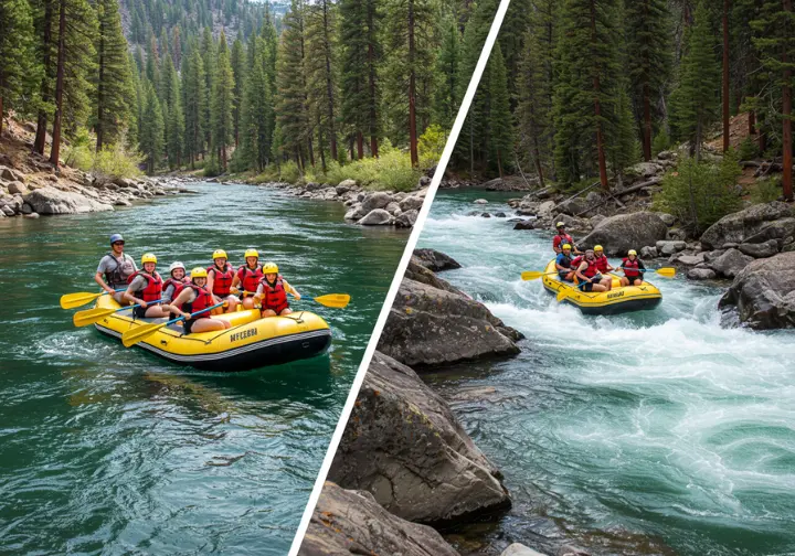 Split-image showing calm family rafting on the Truckee River and thrilling rapids on the American River near Lake Tahoe.