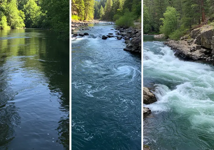 Split image of the South, Middle, and North Forks of the American River with difficulty labels.