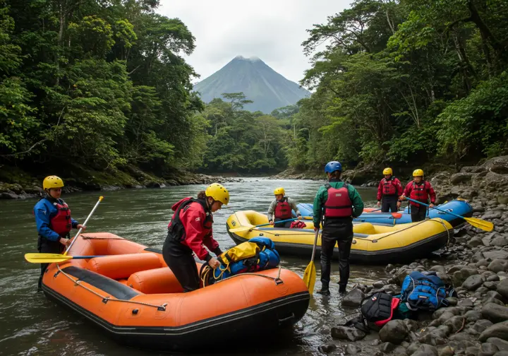 Rafters with a guide preparing for a trip on the Sarapiqui River.