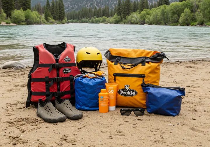 Essential rafting gear laid out on a riverbank, including life jackets, helmets, and water shoes, with the Truckee River in the background.