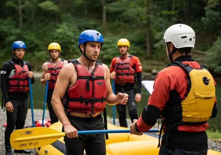 Rafter listening to a safety briefing before a rafting trip in Wisconsin.