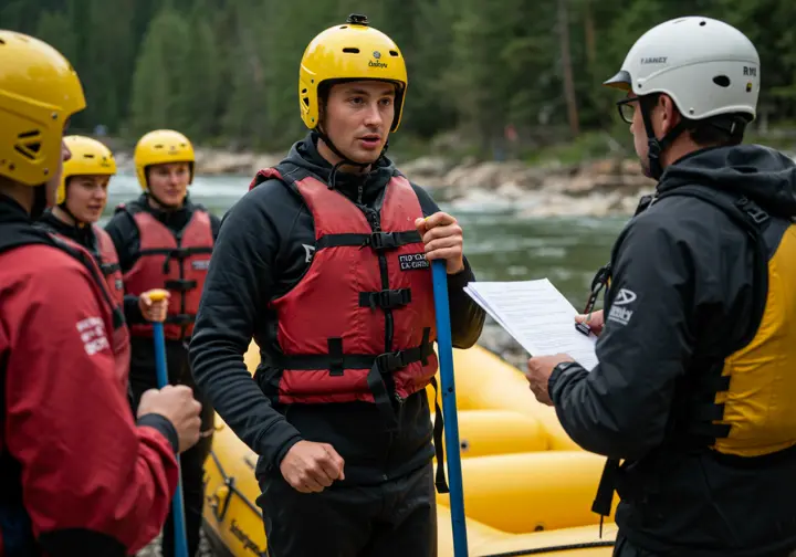 listening to a safety briefing before a rafting trip.