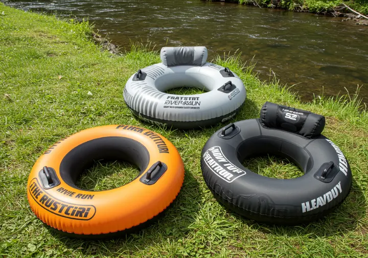 Flat-lay of classic inner tube, luxurious river run tube, and heavy-duty river tube on a grassy riverbank.