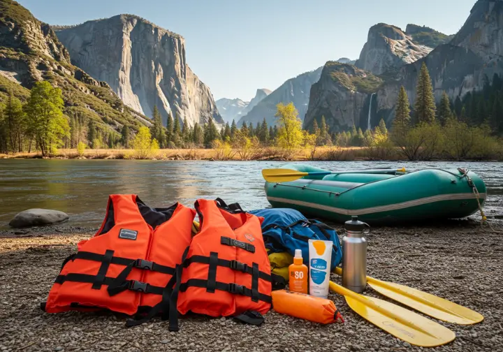 Flat-lay of essential rafting gear with Yosemite scenery in the background.