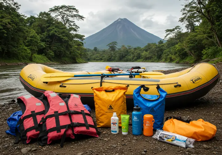 Flat-lay of essential rafting gear with Arenal Volcano in the background.