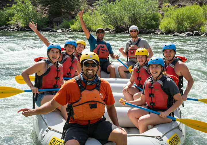 Professional rafting guide leading a group on the Deschutes River in Bend, Oregon.