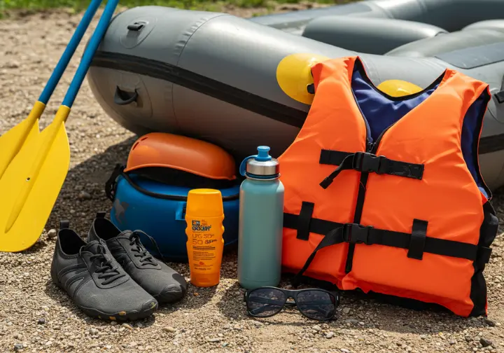 Flat-lay of essential rafting gear with a raft and paddles in the background.